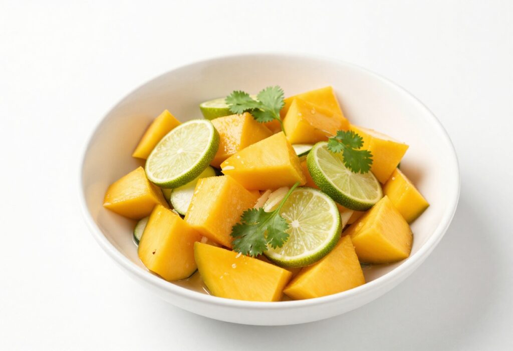 Mango and lime cucumber salad in a white bowl with cilantro garnish