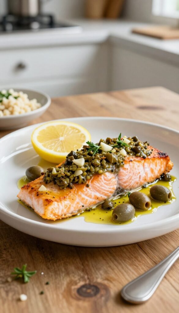A close-up view of baked salmon with olive tapenade, showcasing flaky fish topped with a savory olive and caper mixture, served on a white plate with lemon and herbs in natural light.