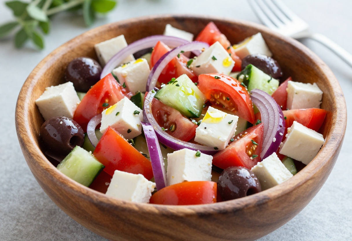 Overhead view of a fresh Greek cucumber tomato salad with feta cheese and olives in a wooden bowl