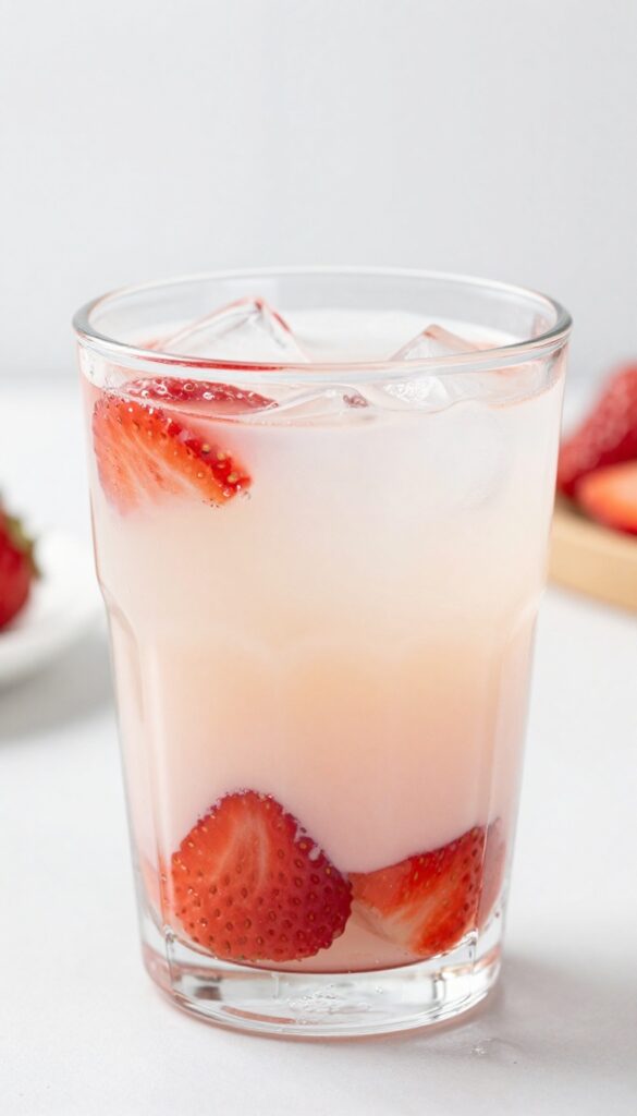 A glass of Korean strawberry milk with fresh strawberry chunks and ice cubes in natural light, representing a sweet and unique dessert recipe.