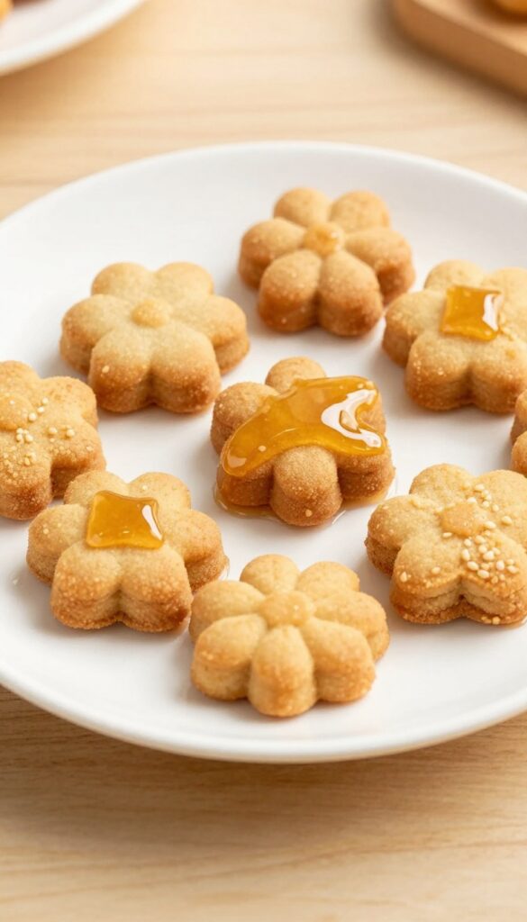A close-up photograph of Yakgwa, Korean honey cookies, showcasing their golden-brown, syrup-soaked appearance on a white plate in natural light.