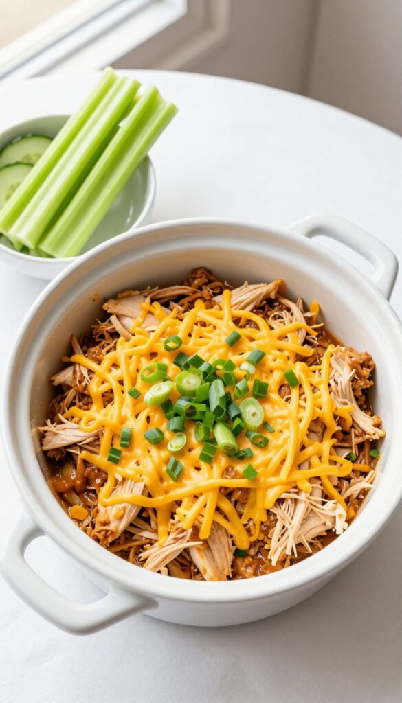 Crockpot buffalo ranch chicken with cheese and green onions, served with celery and cucumber slices.