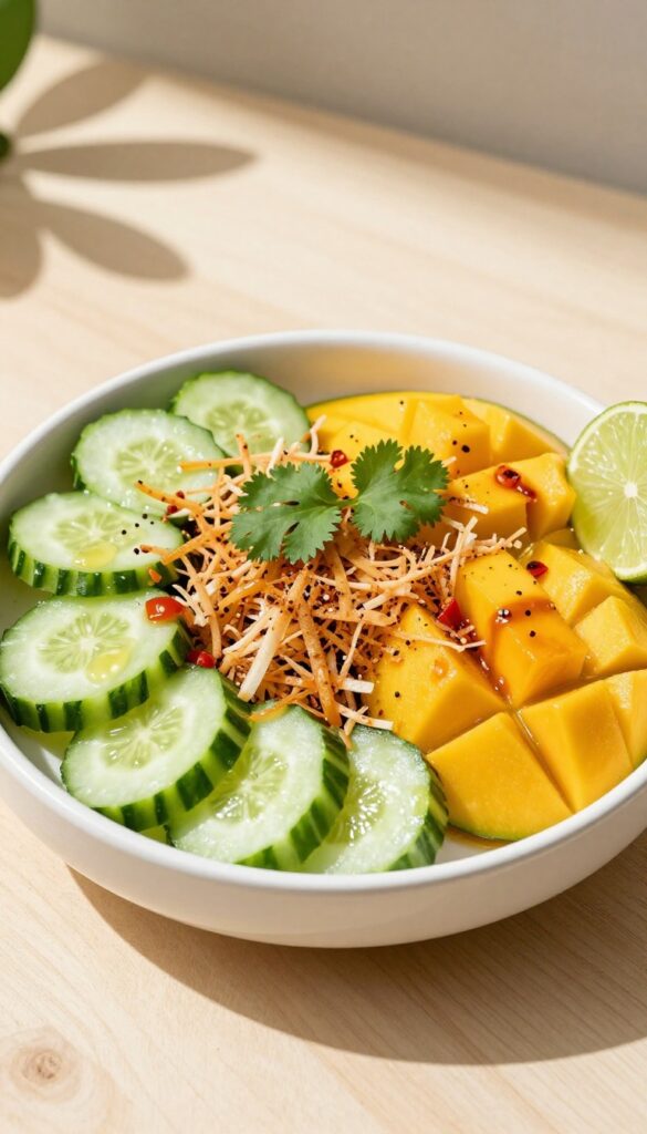 Tropical mango and coconut cucumber salad in a white bowl on a wooden table with natural lighting.