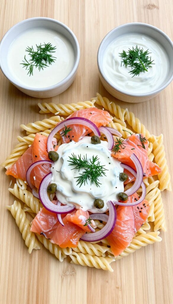 Smoked salmon and dill pasta salad with Greek yogurt dressing on a wooden table