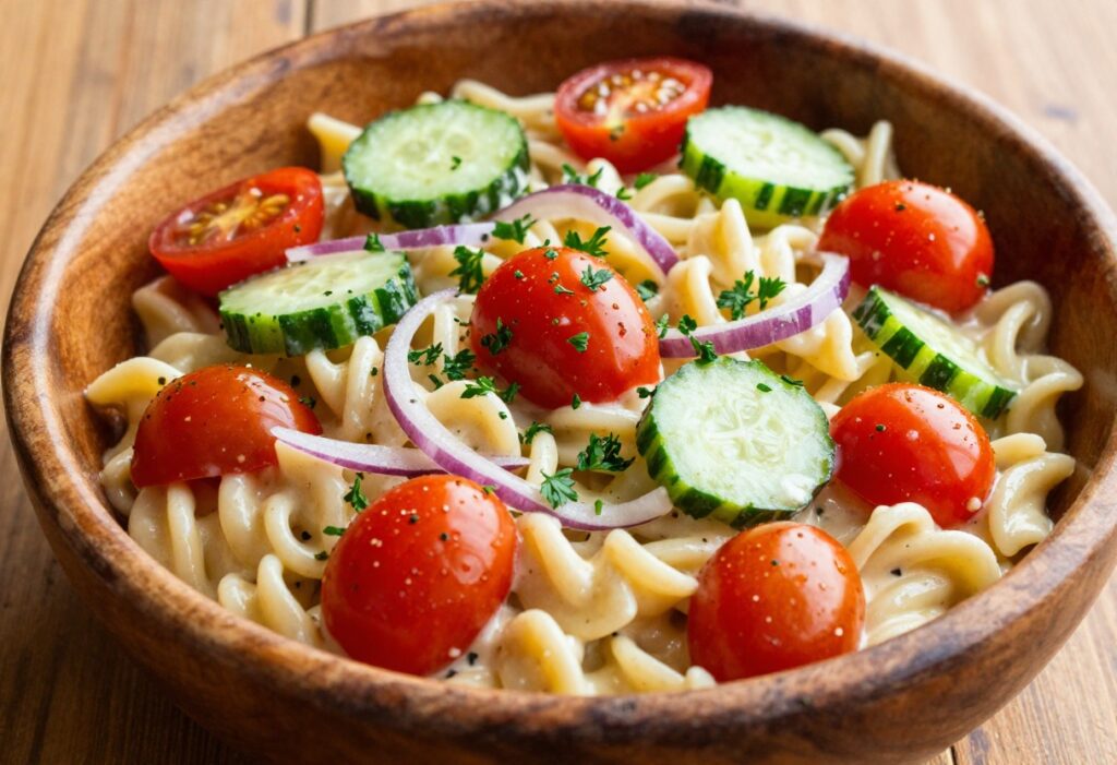 Creamy pasta salad with vegetables in a serving bowl