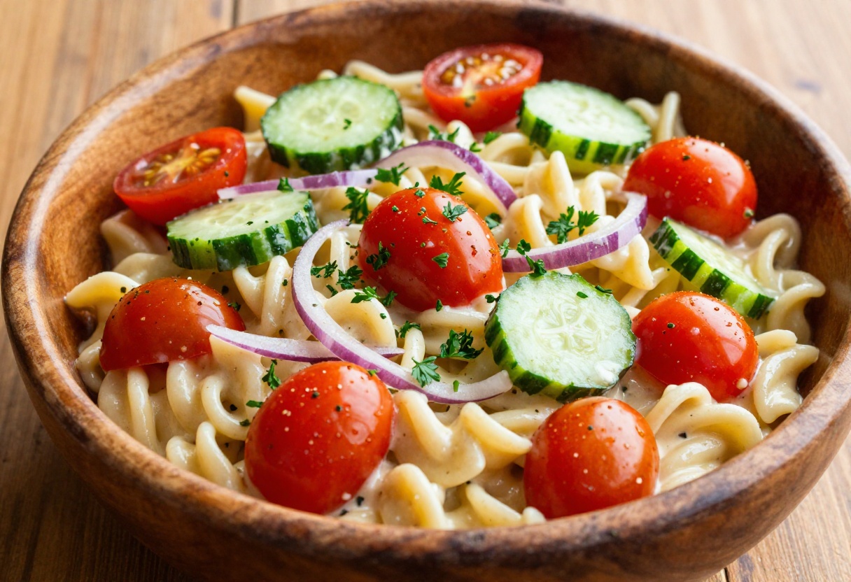Creamy pasta salad with vegetables in a serving bowl
