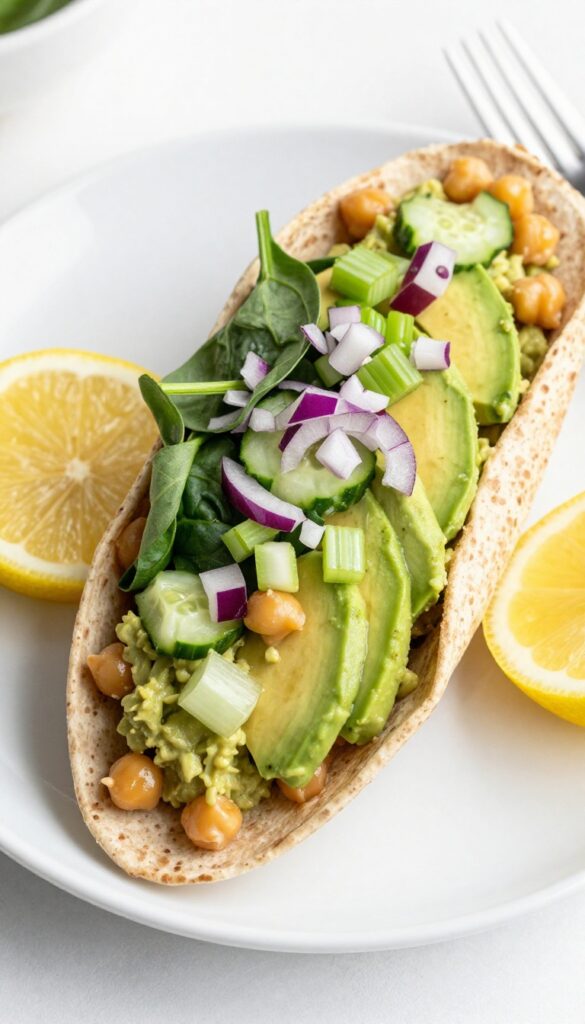 A close-up of a chickpea avocado salad wrap on a white plate, featuring whole wheat wrap with chunky chickpea and avocado filling, fresh spinach, celery, red onion, and cucumber, in bright natural light, representing a cholesterol-friendly recipe.
