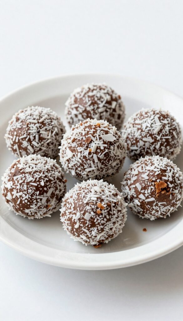 Chocolate biscuit balls coated in coconut, arranged on a white plate, representing an easy dessert recipe for a blog listicle.