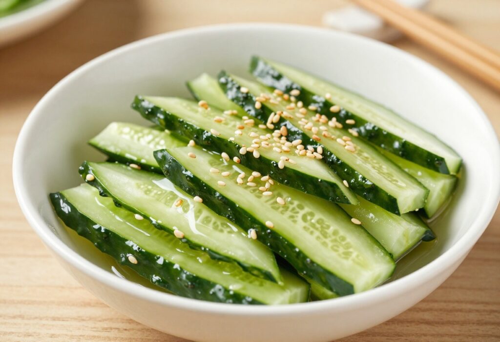 Japanese sunomono-style cucumber salad with sesame seeds in a white bowl