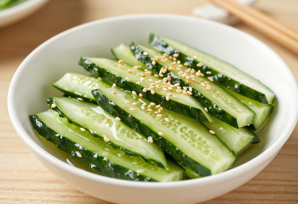 Japanese sunomono-style cucumber salad with sesame seeds in a white bowl