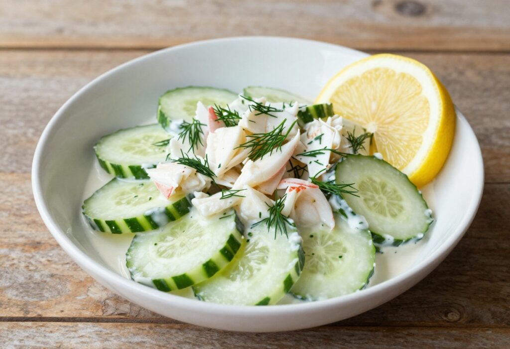 Creamy crab cucumber salad with fresh dill and lemon in a white bowl