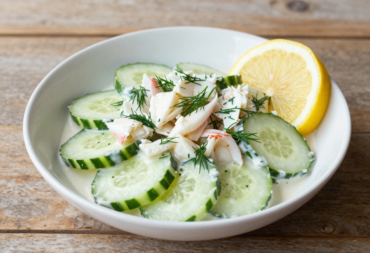 Creamy crab cucumber salad with fresh dill and lemon in a white bowl
