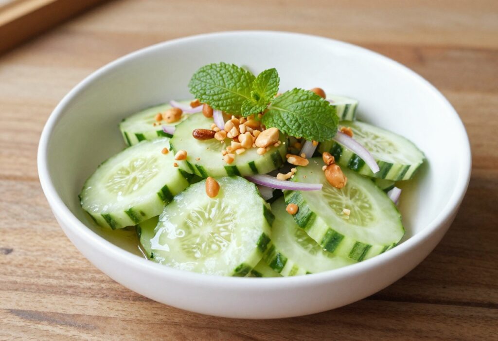 Thai cucumber salad with lime, peanuts, and fresh herbs in a white bowl