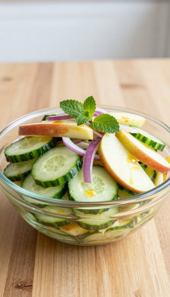 A bowl of cucumber apple slaw with cucumbers, apples, red onion, and mint in natural light