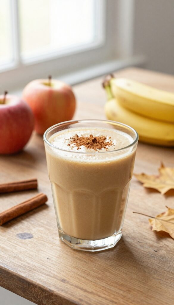 A creamy apple-spice smoothie in a glass on a wooden table, surrounded by fresh apples, a cinnamon stick, and autumn leaves, evoking a warm, family-friendly morning.