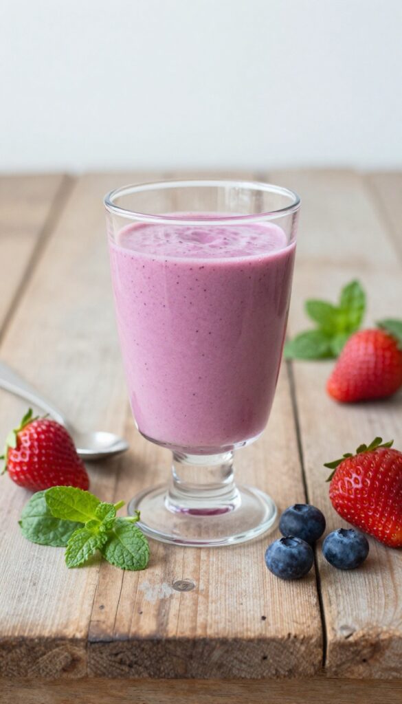 A vibrant Berry Bliss Blast smoothie in a clear glass with fresh strawberries, blueberries, spinach leaves, and a mint garnish on a rustic wooden table.