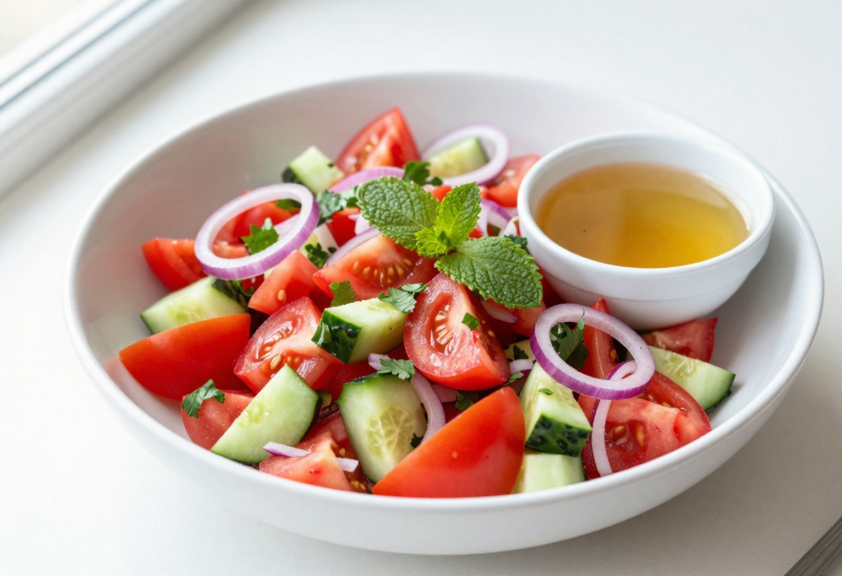 Bright Persian-style tomato, mint, and herbs cucumber salad in a white bowl with fresh herbs on top.
