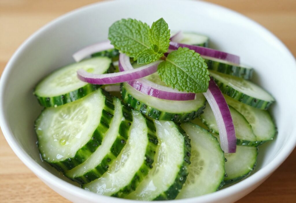 Bold Mint Cucumber Salad in a white bowl on a wooden table
