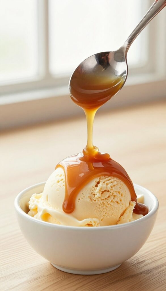 Evaporated milk caramel sauce drizzling over vanilla ice cream in a bowl, showcasing its glossy and thick consistency in natural light.