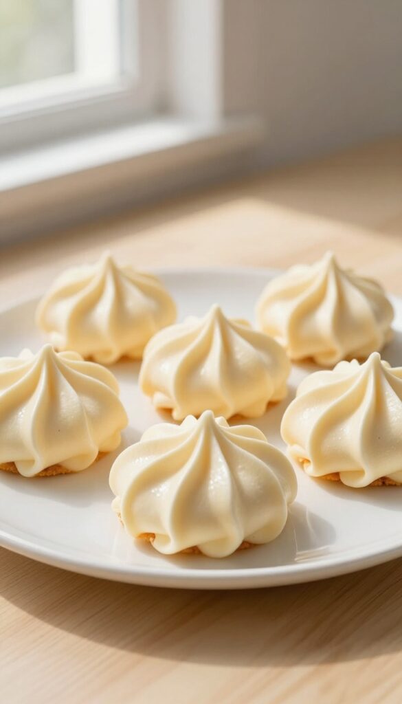 Classic vanilla meringue cookies on a white plate, showcasing their crisp exterior and airy center in natural light.