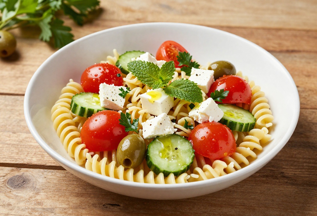 Mediterranean pasta salad with fusilli pasta, cherry tomatoes, cucumber, olives, feta cheese, and fresh herbs in a white bowl