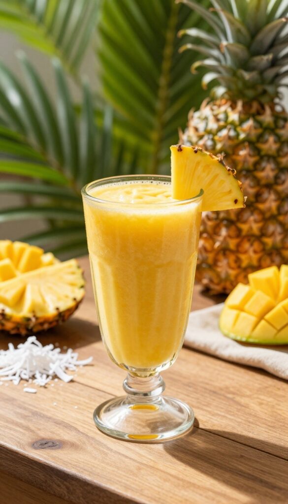 A bright and creamy tropical smoothie made with pineapple and mango, served in a glass on a sunlit table with pineapple slice and coconut garnish, evoking a cheerful morning vibe for a dairy-free recipe.