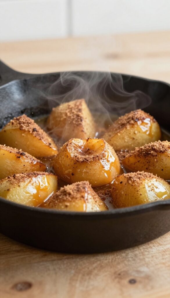 Cinnamon sugar fried apples in a cast iron skillet, caramelized and steaming.