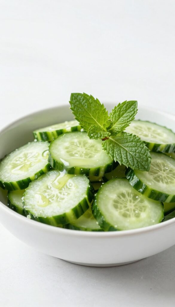 A close-up of a refreshing mint and cucumber salad with thinly sliced cucumbers and fresh mint leaves in a bowl, drizzled with olive oil and lemon juice, presented in bright natural light for a light meal or side dish.