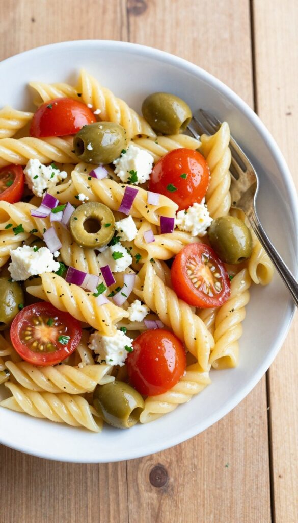 Mediterranean olive and feta pasta salad in a white bowl on a wooden table.