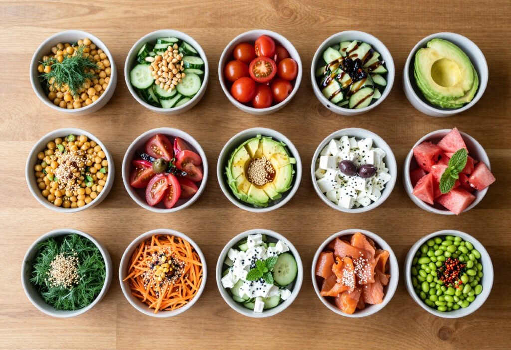 Nine bowls of cucumber salads arranged on a wooden table, each with different ingredients and colors.