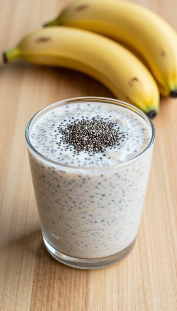 Creamy banana chia smoothie in a glass with ingredients like bananas and chia seeds on a wooden table