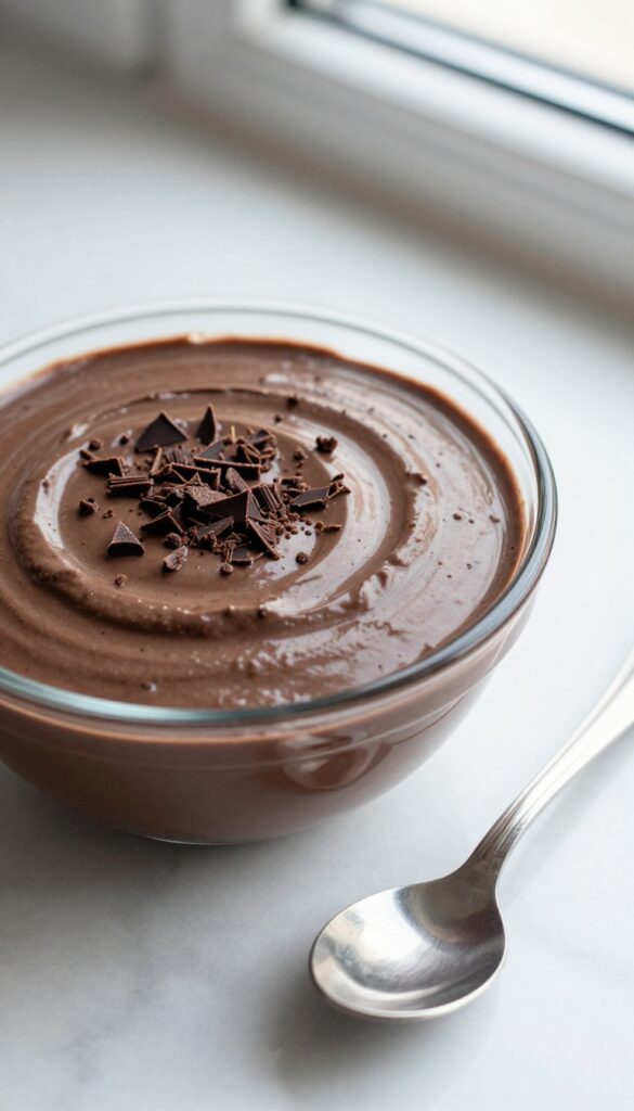 Greek yogurt chocolate mousse in a glass bowl with chocolate shavings and a spoon on a marble countertop