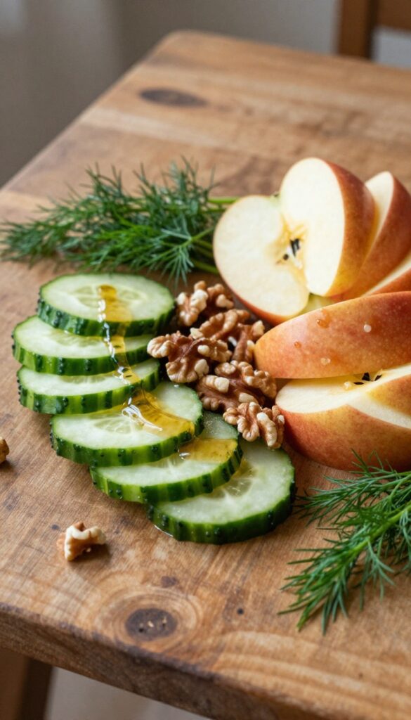 Apple and Walnut Cucumber Salad with dill and vinegar dressing, featuring crisp cucumbers, sliced apples, and walnuts on a rustic table, perfect for fall comfort.