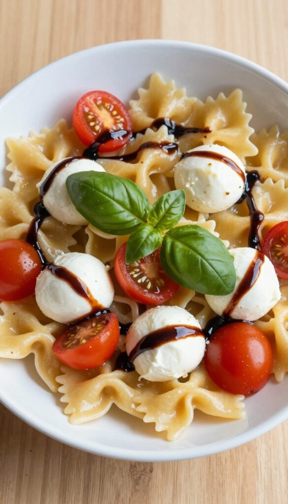 Cold Caprese farfalle pasta salad with cherry tomatoes, bocconcini, basil, and balsamic glaze in a white bowl on a wooden table.