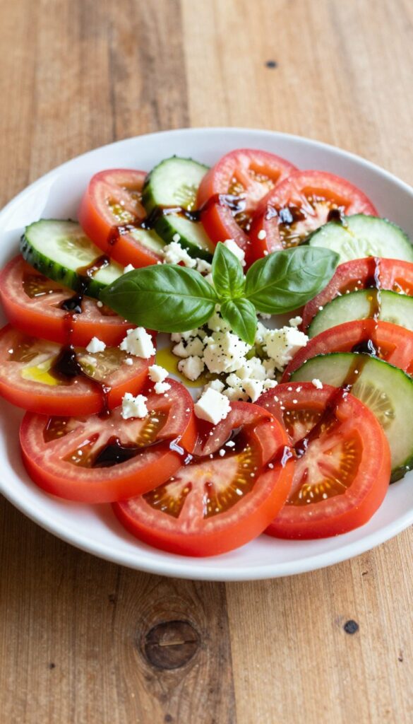 Cucumber tomato basil salad with balsamic glaze on a white platter