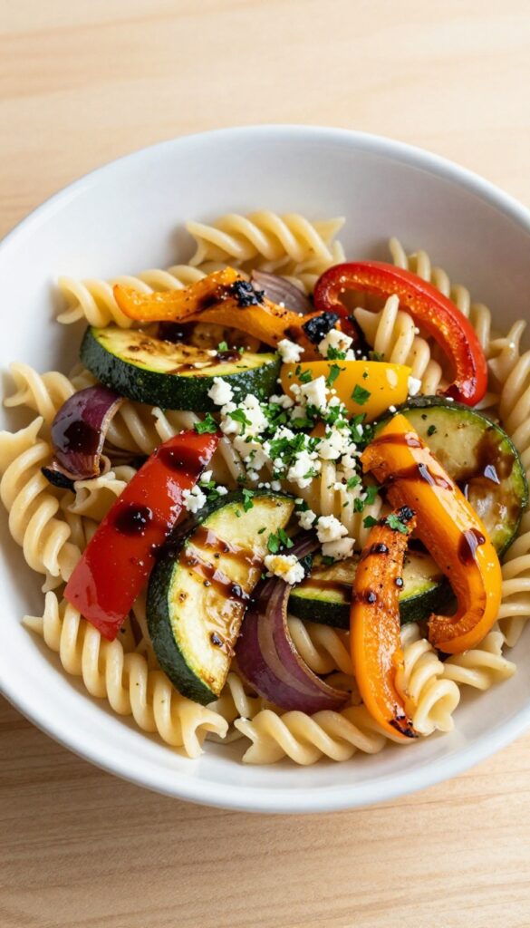 Roasted vegetable and balsamic pasta salad in a white bowl on a wooden table.