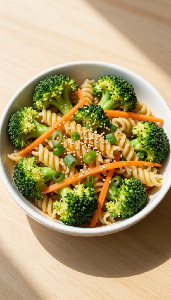 Asian-inspired broccoli pasta salad with sesame dressing in a white bowl on a wooden table