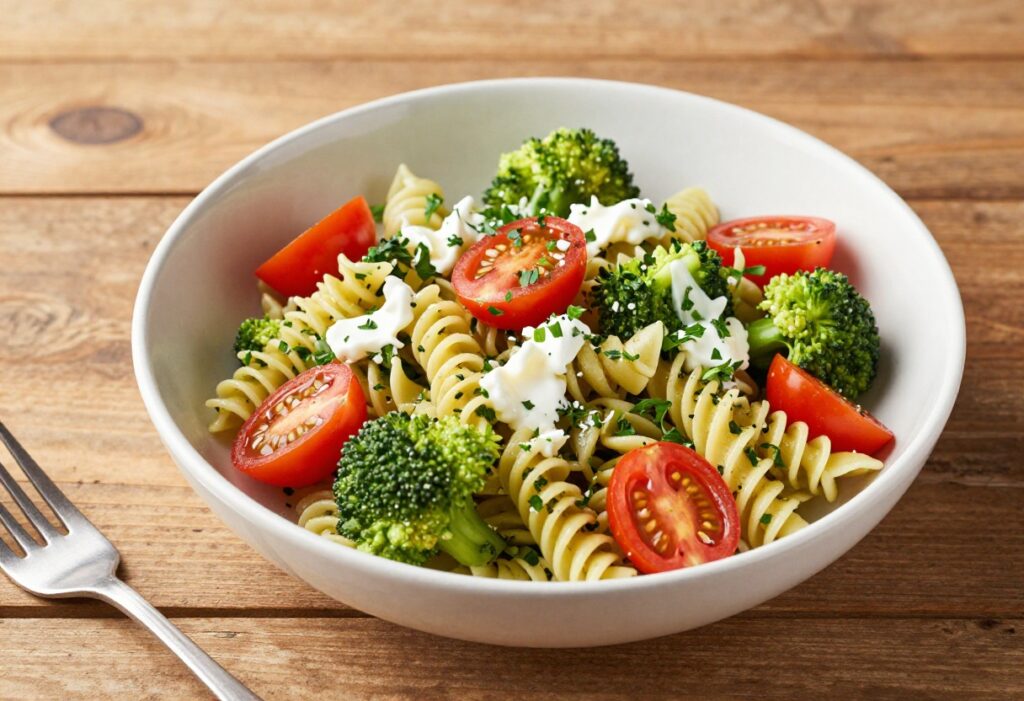 A colorful broccoli pasta salad in a bowl, featuring fresh ingredients like tomatoes and herbs, perfect for cookouts.