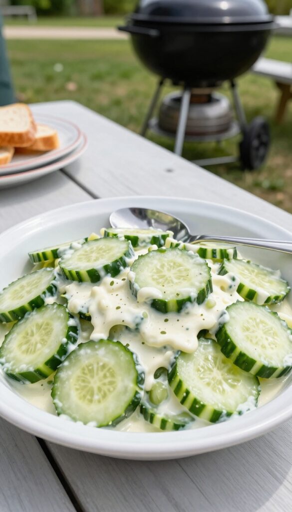 Creamy cucumber salad with dill and onion in a bowl on a picnic table.