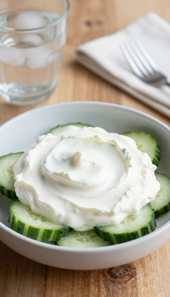 Cool sour cream cucumber salad served in a bowl with a fork and iced tea in background