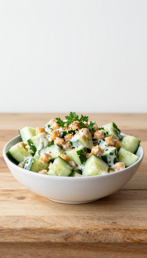 A bowl of cucumber and chickpea salad with tahini dressing, garnished with parsley and sesame seeds, in bright natural light.