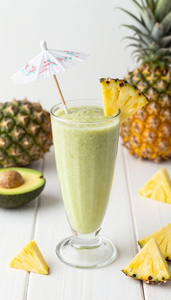 Tropical avocado pineapple smoothie in a glass with pineapple garnish and paper umbrella on a white wooden table