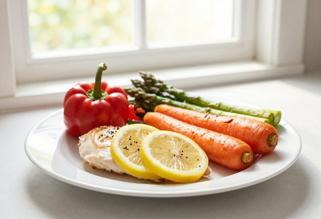 A healthy low cholesterol meal of lemon garlic chicken with roasted vegetables, showcasing fresh ingredients and natural light.