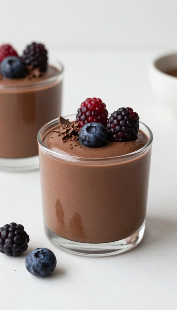 Creamy coconut chocolate mousse dessert in a glass cup with berries and shaved chocolate, representing a dairy-free recipe.