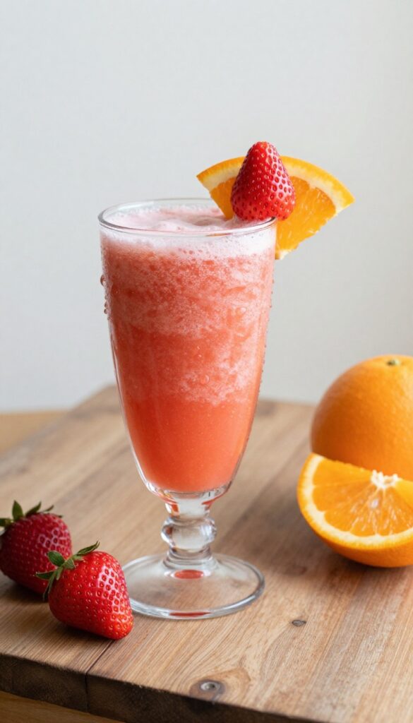 A vibrant Citrusy Strawberry Orange Refresher smoothie in a clear glass with fresh fruit garnish, set on a rustic wooden table in bright natural light.
