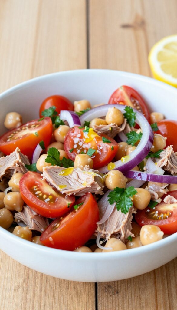 A close-up, photorealistic image of a Mediterranean chickpea and tuna salad in a bowl, showcasing ingredients like tuna, chickpeas, tomatoes, and parsley with olive oil and lemon juice, set on a rustic wooden table in bright natural light.
