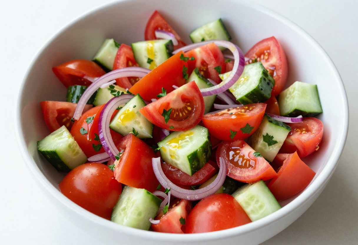 Tangy tomato cucumber salad in a white bowl with fresh parsley and red onion