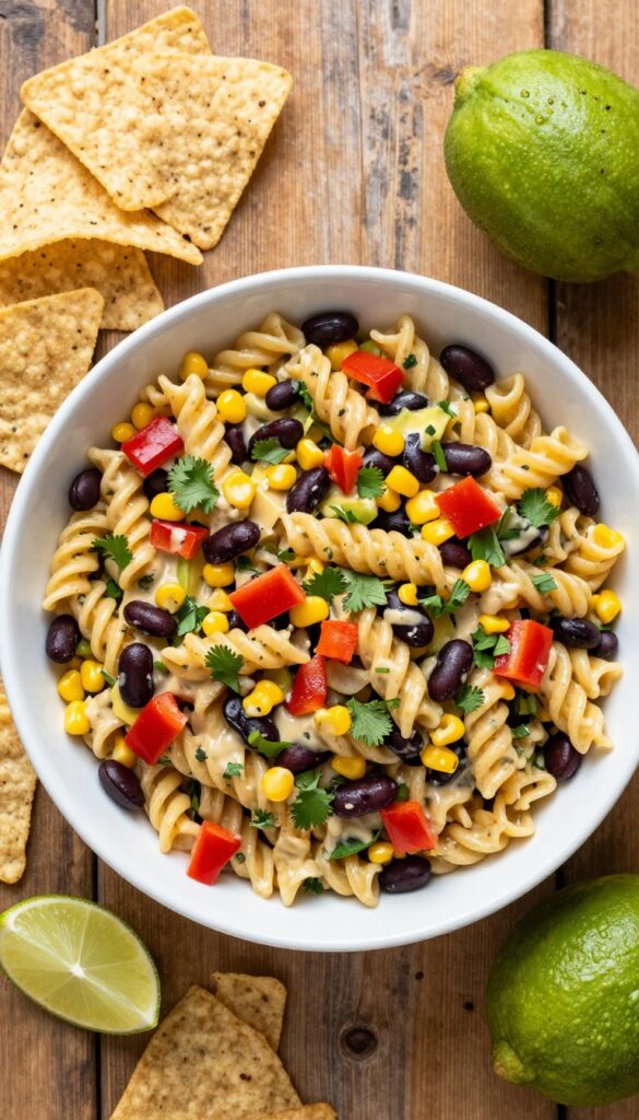 Southwest ranch pasta salad with corn, black beans, and avocado in a white bowl on a wooden table.
