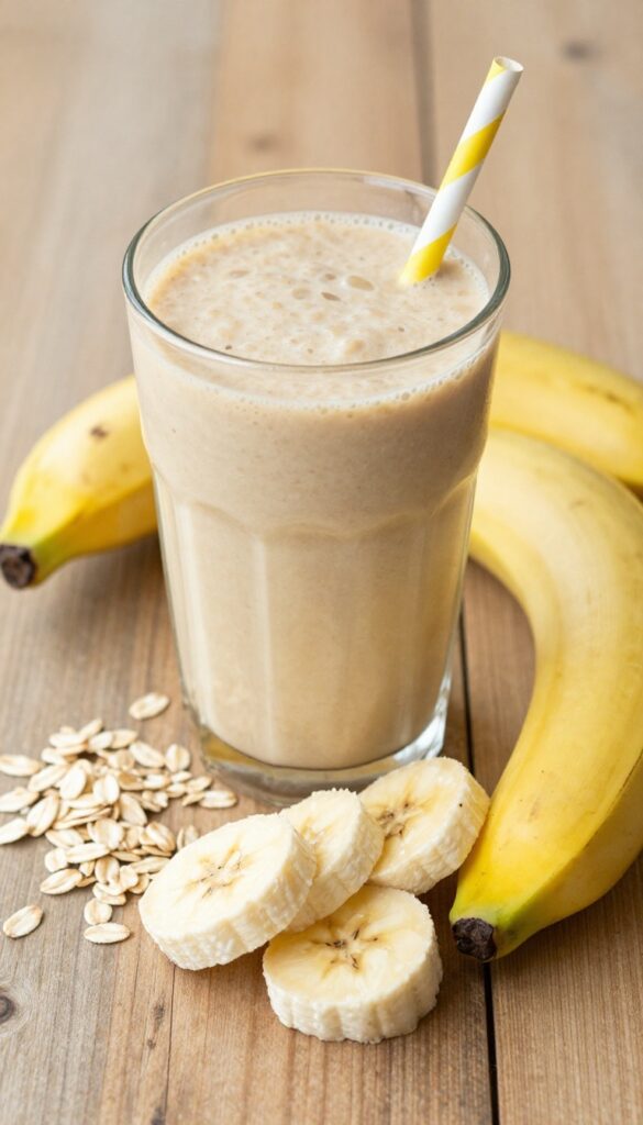 A creamy banana oatmeal smoothie in a glass with oats and banana slices on a wooden table, representing a budget-friendly breakfast recipe.