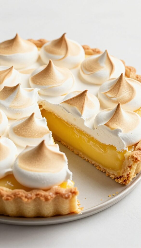 A slice of classic lemon meringue pie with golden meringue and bright yellow filling, photographed in natural light for a blog article on pie dessert recipes.